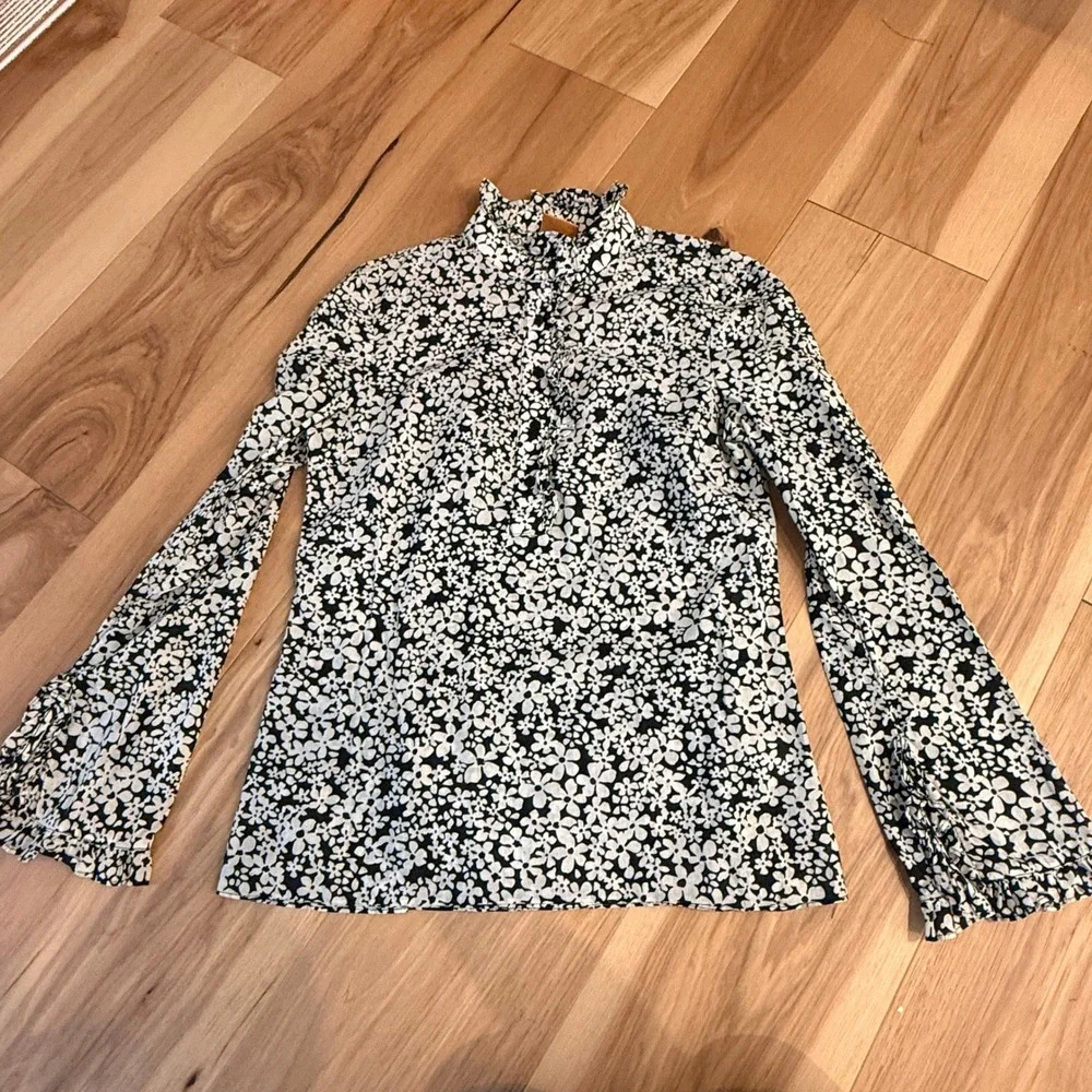 Tory Burch Blouse Women 4 Black White Floral Ruffle Neck Button Front Cotton